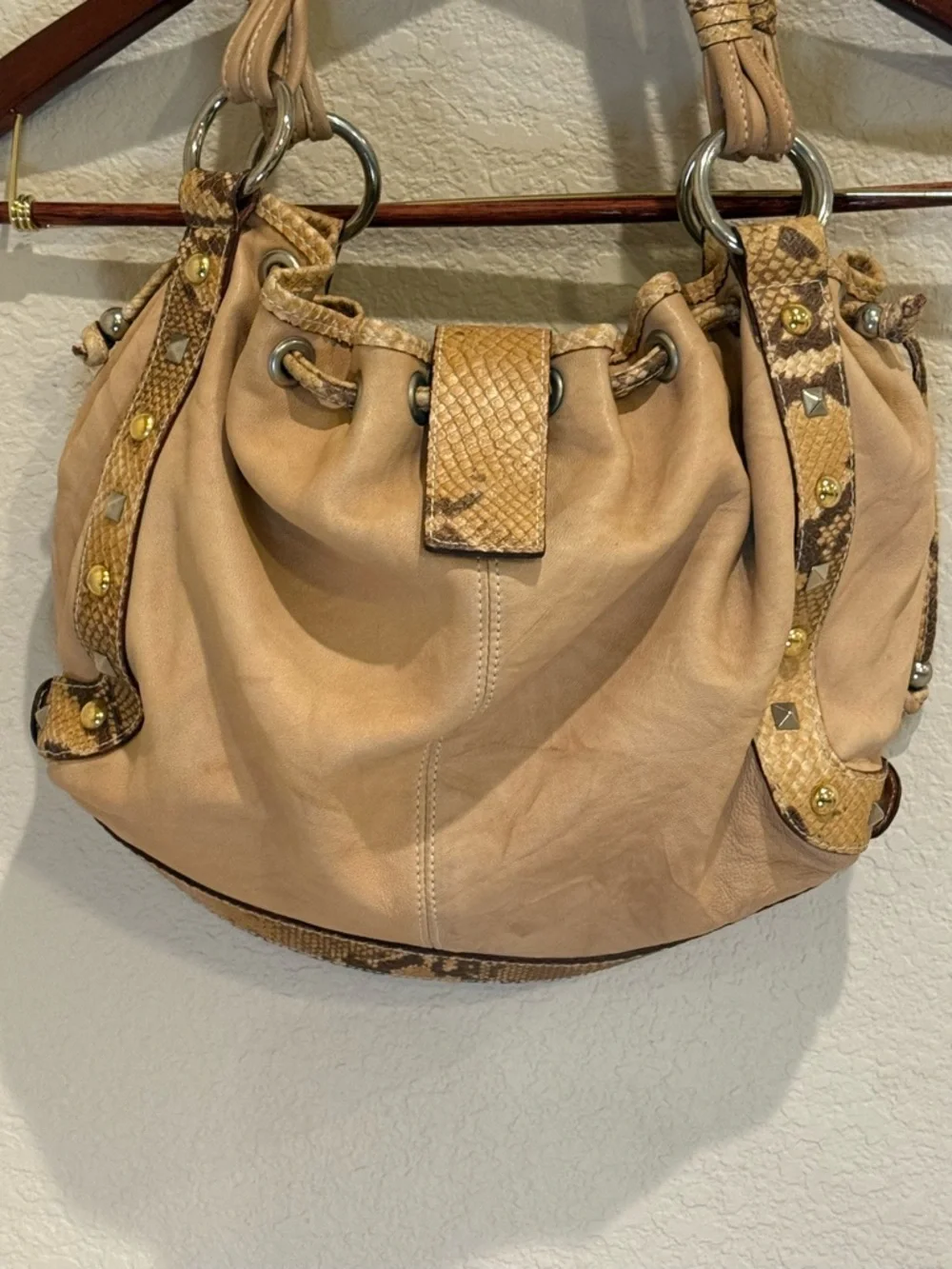 Y2K Tan Leather Python Trim Hobo Bag Mania Italy Silver Ring Gold Stud Boho